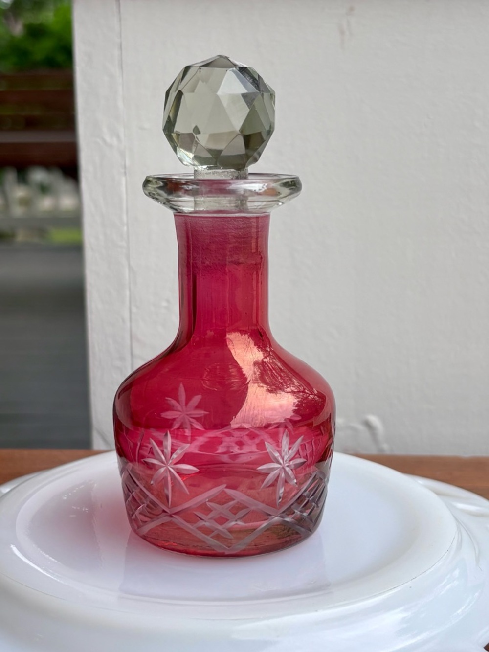 Cut Glass Ruby Red Perfume Bottle with Faceted Stopper